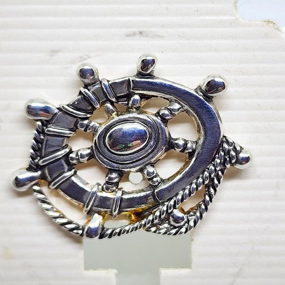 Vintage "MJ" Marie Jennifer Nautical Ship Wheel Rope Silver Pierced Earrings NOS - Picture 2 of 11